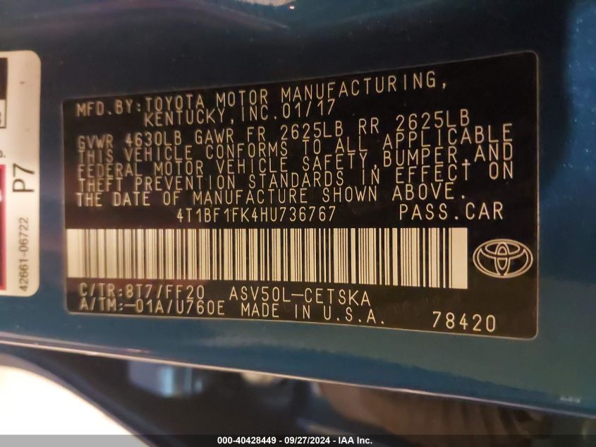 4T1BF1FK4HU736767 2017 Toyota Camry Se