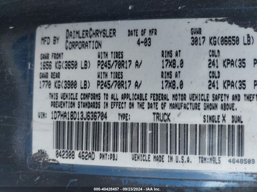 2003 Dodge Ram 1500 Slt/Laramie/St VIN: 1D7HA18D13J636704 Lot: 40428457