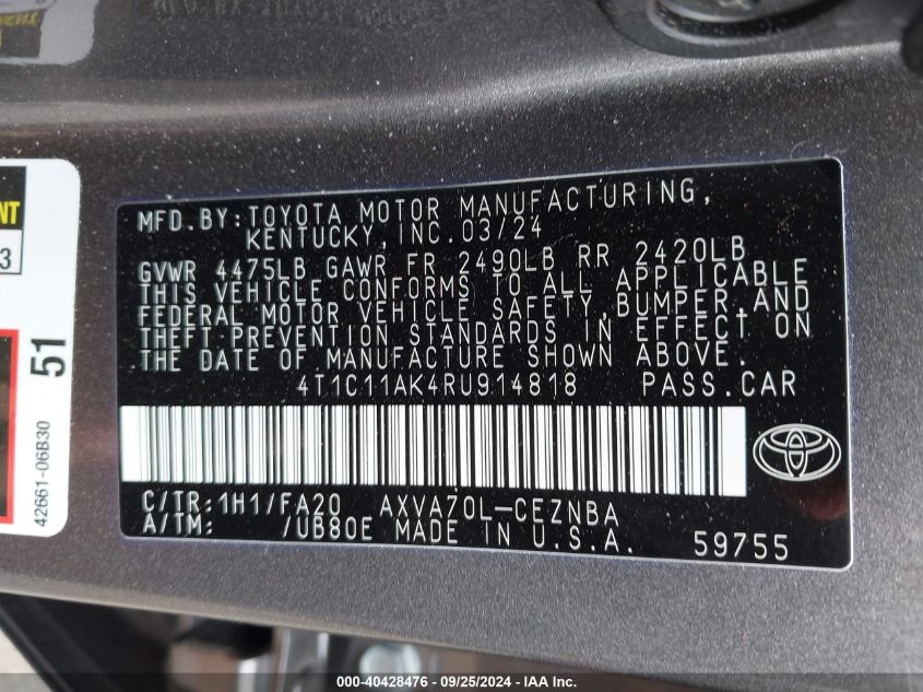 4T1C11AK4RU914818 2024 Toyota Camry Le