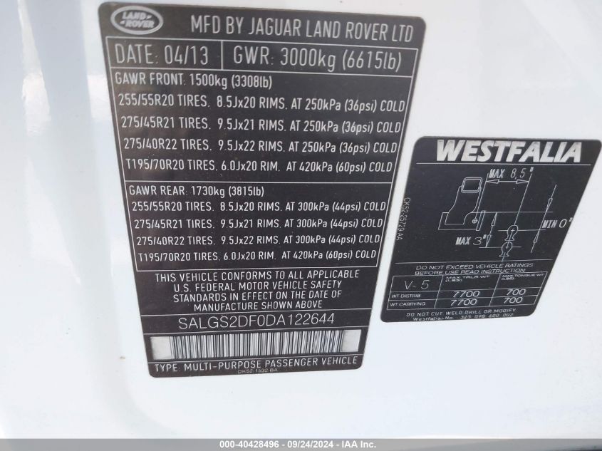 2013 Land Rover Range Rover Hse VIN: SALGS2DF0DA122644 Lot: 40428496