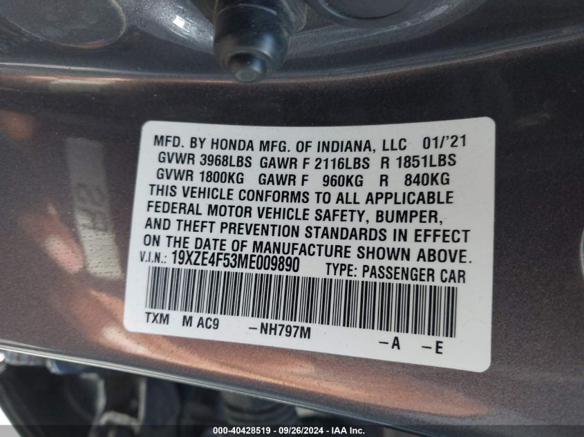 19XZE4F53ME009890 2021 Honda Insight Ex