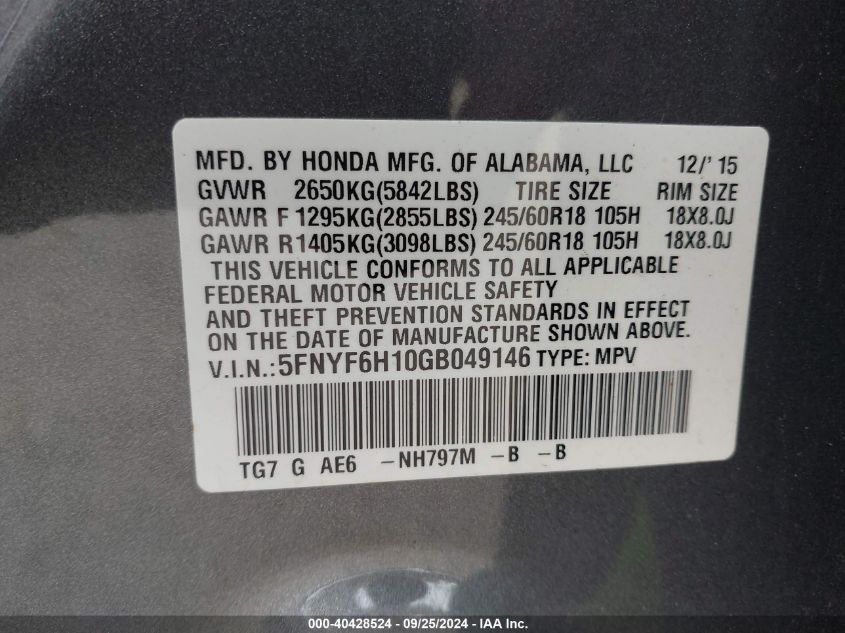 5FNYF6H10GB049146 2016 Honda Pilot Lx