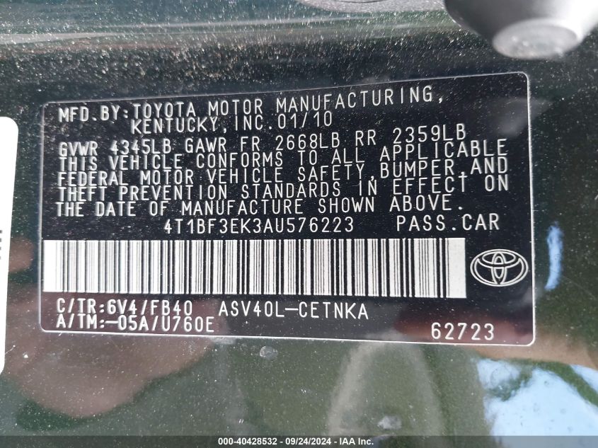 2010 Toyota Camry Le VIN: 4T1BF3EK3AU576223 Lot: 40428532