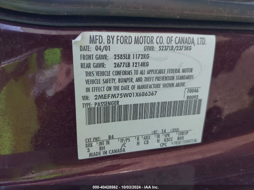 2MEFM75W01X686367 2001 Mercury Grand Marquis Ls