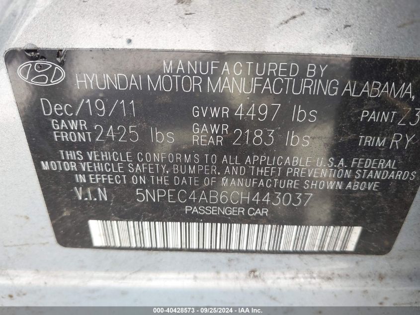 5NPEC4AB6CH443037 2012 Hyundai Sonata Se 2.0T