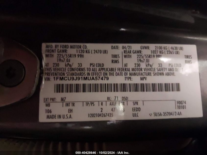 1FMCU9J91MUA57479 2021 Ford Escape Titanium