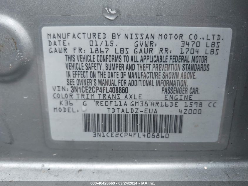 3N1CE2CP4FL408860 2015 Nissan Versa Note S/S Plus/Sv/Sl/Sr