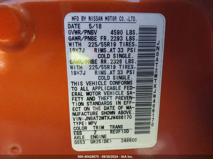 2018 Nissan Rogue Sl VIN: JN8AT2MTXJW486170 Lot: 40428670