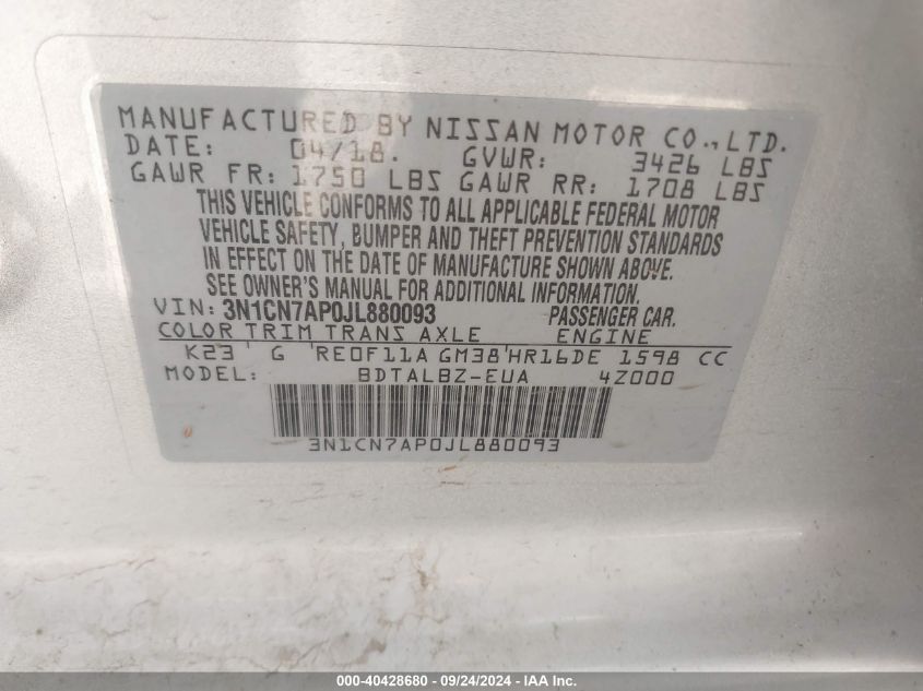 3N1CN7AP0JL880093 2018 Nissan Versa S/S Plus/Sv/Sl