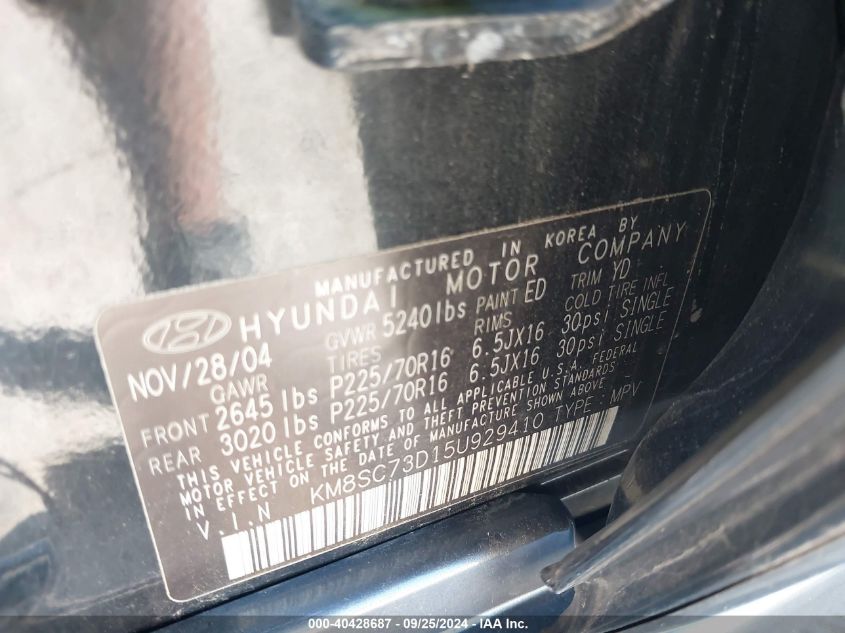 2005 Hyundai Santa Fe Gls VIN: KM8SC73D15U929410 Lot: 40428687