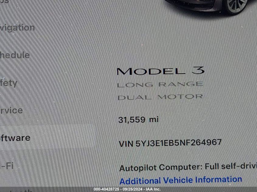 2022 Tesla Model 3 Long Range Dual Motor All-Wheel Drive VIN: 5YJ3E1EB5NF264967 Lot: 40428725