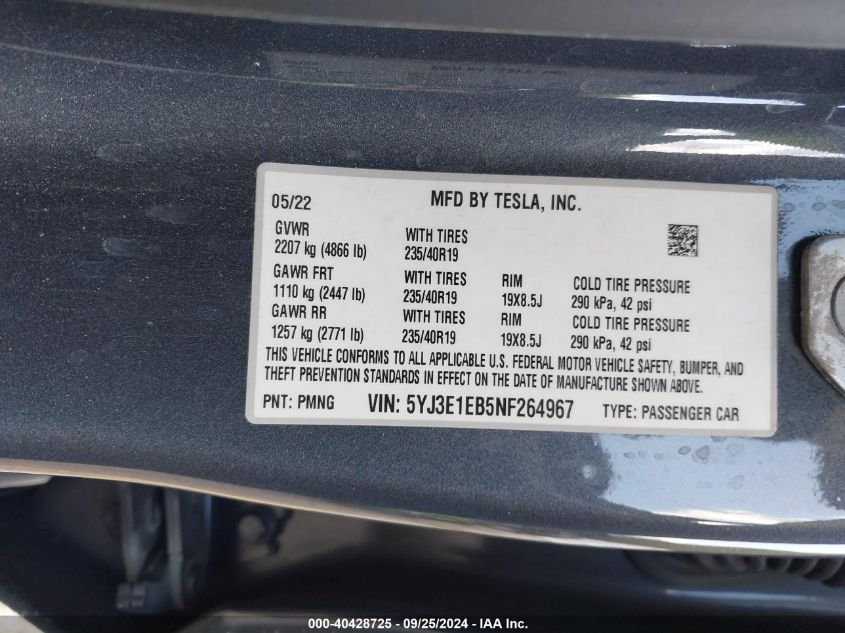 2022 Tesla Model 3 Long Range Dual Motor All-Wheel Drive VIN: 5YJ3E1EB5NF264967 Lot: 40428725