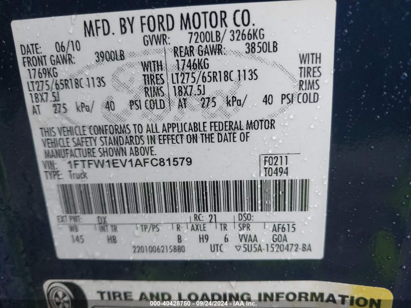 2010 Ford F-150 Fx4/Harley-Davidson/King Ranch/Lariat/Platinum/Xl/Xlt VIN: 1FTFW1EV1AFC81579 Lot: 40428750