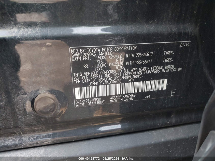 2019 TOYOTA RAV4 VIN: JTMH1RFV6KJ006440