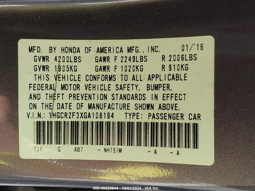 1HGCR2F3XGA108194 2016 Honda Accord Lx