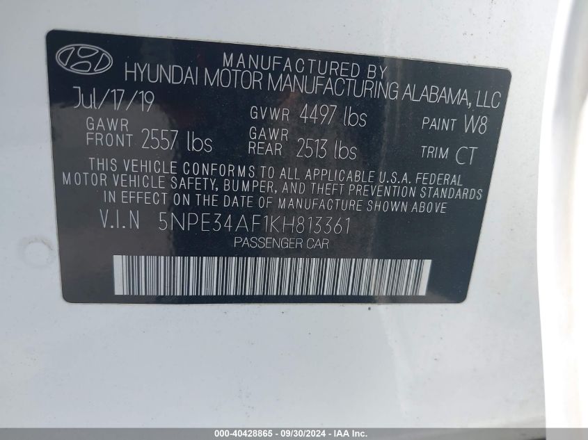 5NPE34AF1KH813361 2019 Hyundai Sonata Limited/Sel/Sport