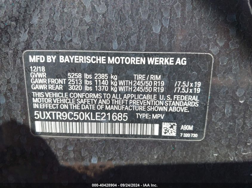 5UXTR9C50KLE21685 2019 BMW X3 xDrive30I