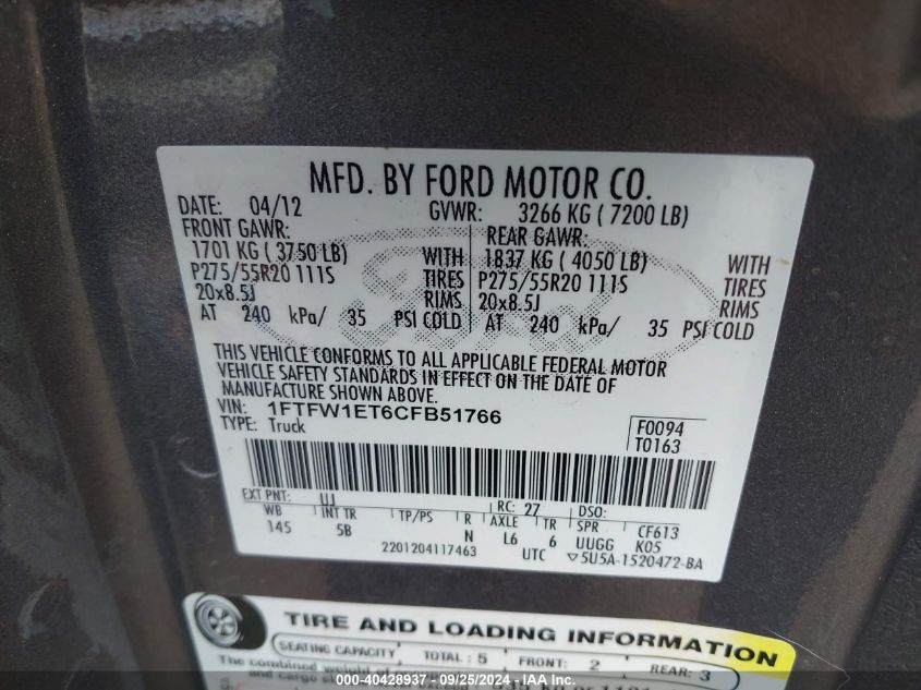 2012 Ford F-150 Fx4 VIN: 1FTFW1ET6CFB51766 Lot: 40428937