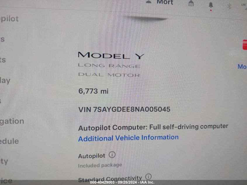 2022 Tesla Model Y Long Range Dual Motor All-Wheel Drive VIN: 7SAYGDEE8NA005045 Lot: 40429003