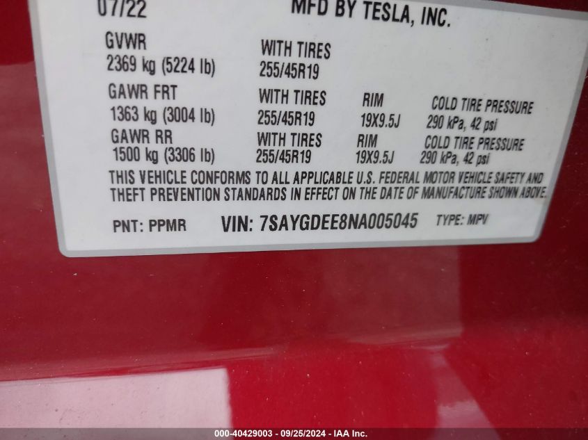 2022 Tesla Model Y Long Range Dual Motor All-Wheel Drive VIN: 7SAYGDEE8NA005045 Lot: 40429003