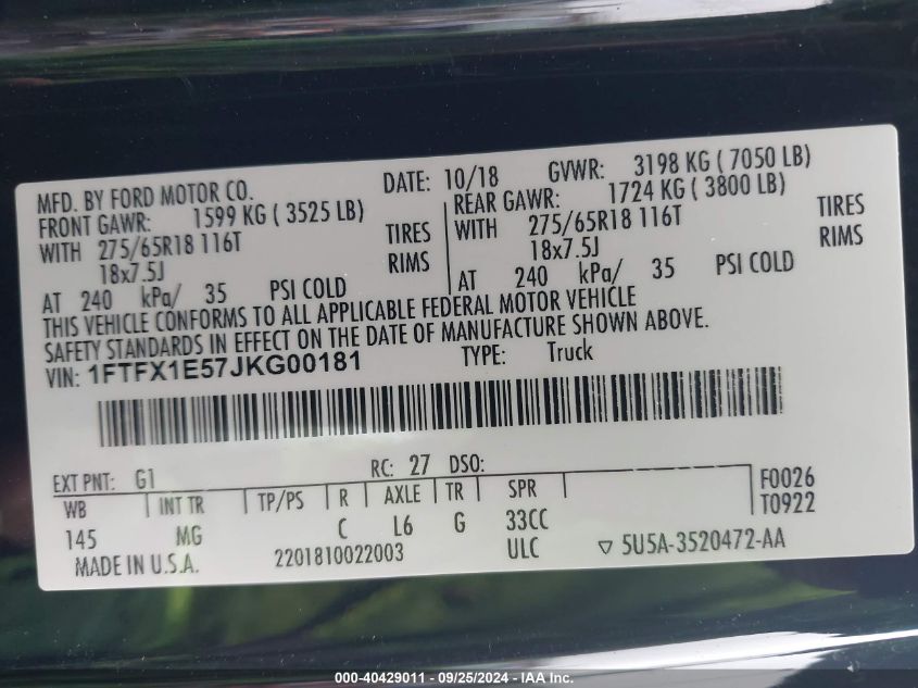 2018 Ford F-150 Xlt VIN: 1FTFX1E57JKG00181 Lot: 40429011