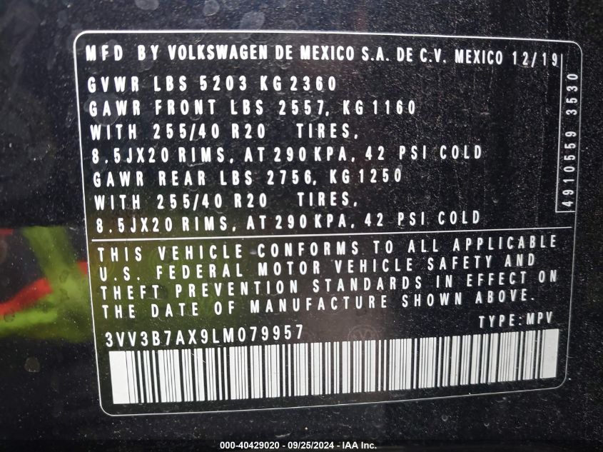 3VV3B7AX9LM079957 2020 Volkswagen Tiguan 2.0T Se/2.0T Se R-Line Black/2.0T Sel