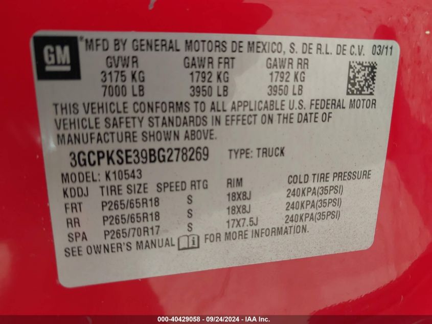 3GCPKSE39BG278269 2011 Chevrolet Silverado 1500 Lt