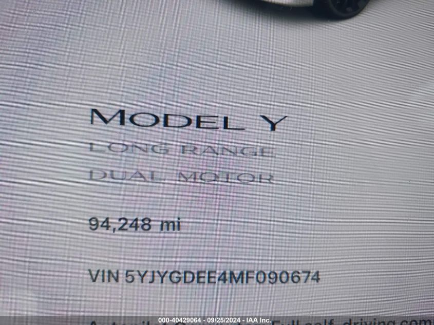 2021 Tesla Model Y Long Range Dual Motor All-Wheel Drive VIN: 5YJYGDEE4MF090674 Lot: 40429064