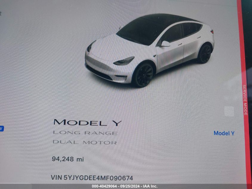 2021 Tesla Model Y Long Range Dual Motor All-Wheel Drive VIN: 5YJYGDEE4MF090674 Lot: 40429064