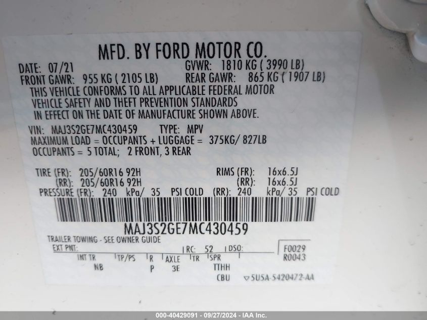 MAJ3S2GE7MC430459 2021 Ford Ecosport Se