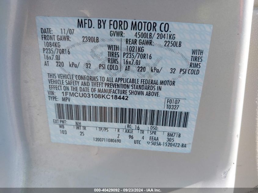 1FMCU03108KC18442 2008 Ford Escape Xlt