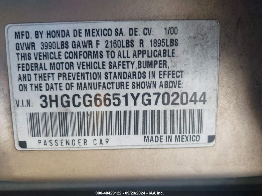 3HGCG6651YG702044 2000 Honda Accord 2.3 Lx