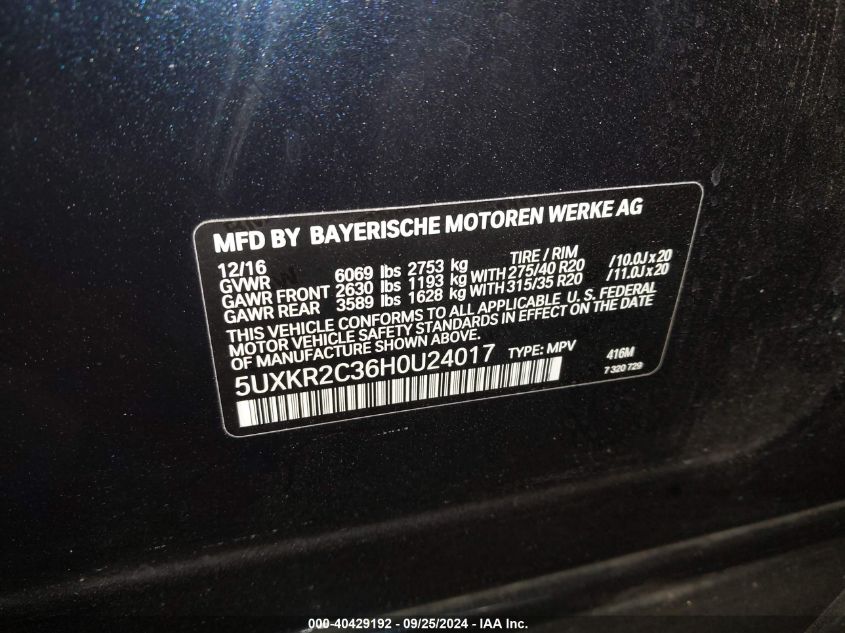 5UXKR2C36H0U24017 2017 BMW X5 Sdrive35I