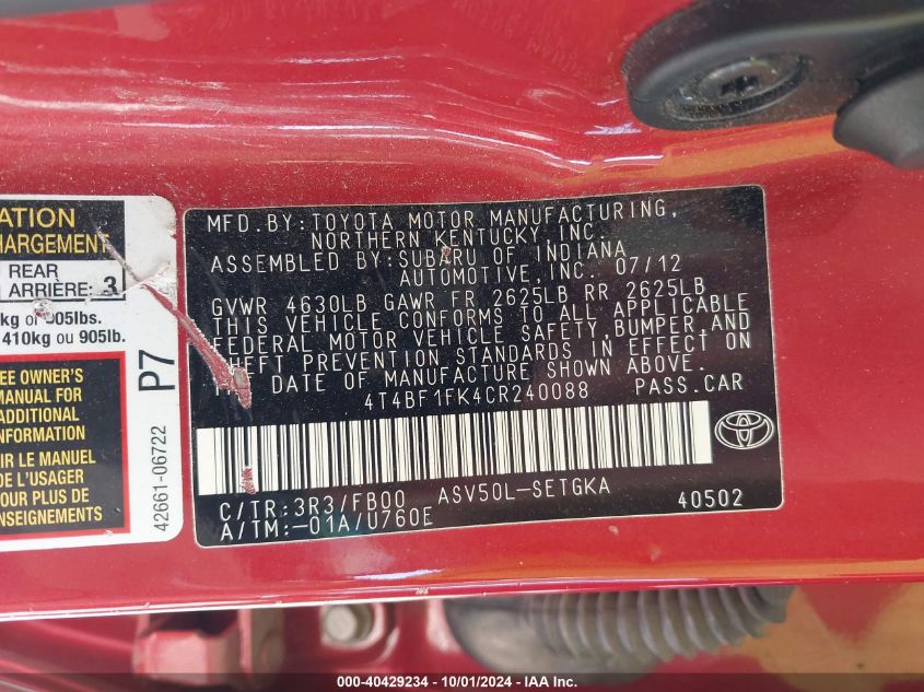 4T4BF1FK4CR240088 2012 Toyota Camry Xle