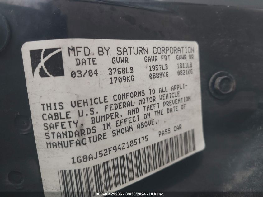 2004 Saturn Ion Level 2 VIN: 1G8AJ52F94Z185175 Lot: 40429236