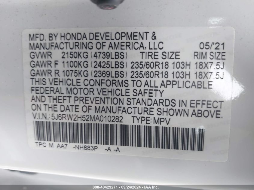 2021 HONDA CR-V AWD EX - 5J6RW2H52MA010282