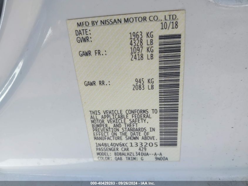 1N4BL4DV6KC133205 2019 Nissan Altima 2.5 Sv