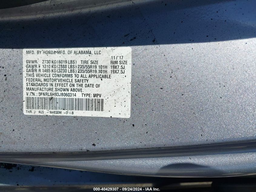 5FNRL6H93JB060314 2018 Honda Odyssey Elite