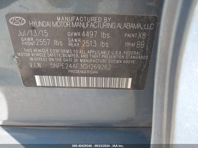 5NPE24AF3GH269262 2016 Hyundai Sonata Se