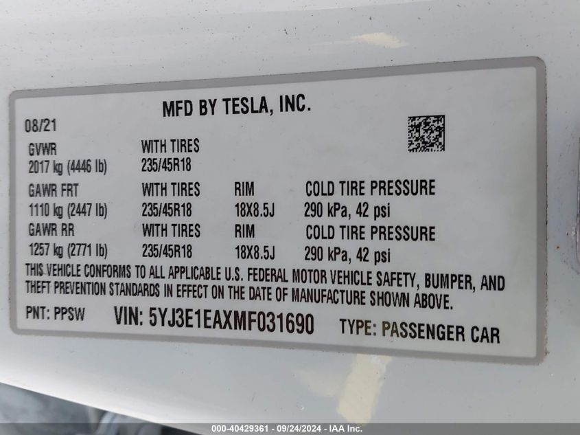 2021 Tesla Model 3 Standard Range Plus Rear-Wheel Drive VIN: 5YJ3E1EAXMF031690 Lot: 40429361