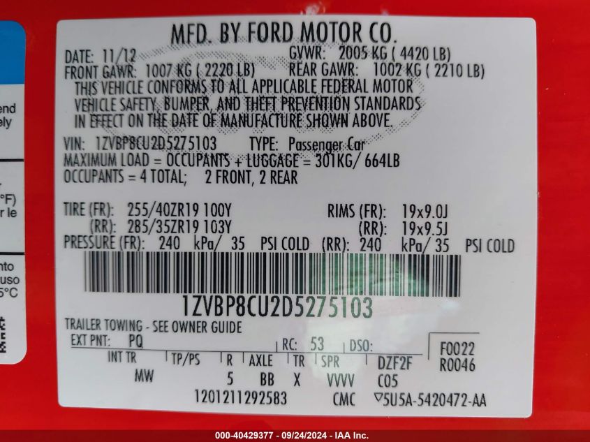 1ZVBP8CU2D5275103 2013 Ford Mustang Boss 302