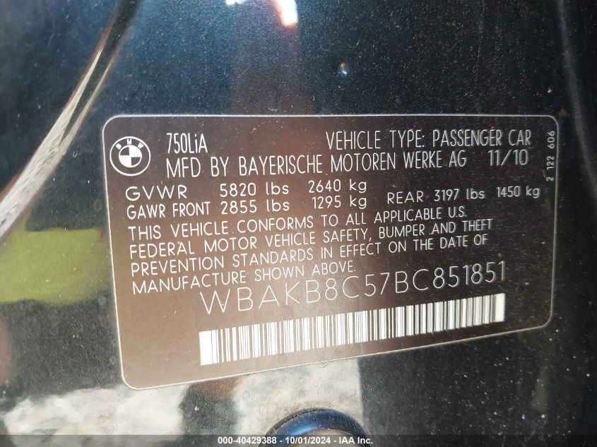 WBAKB8C57BC851851 2011 BMW 750Li Li