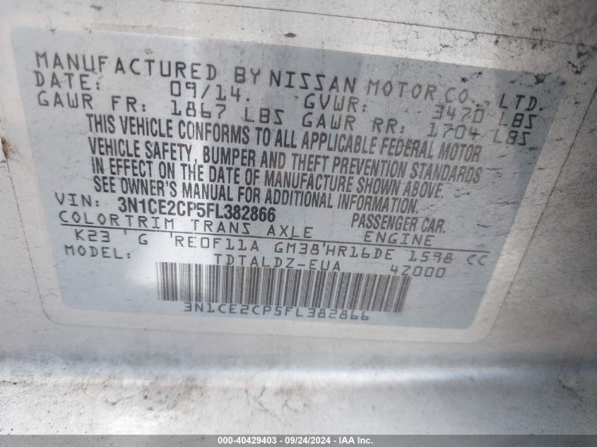 3N1CE2CP5FL382866 2015 Nissan Versa Note Sv