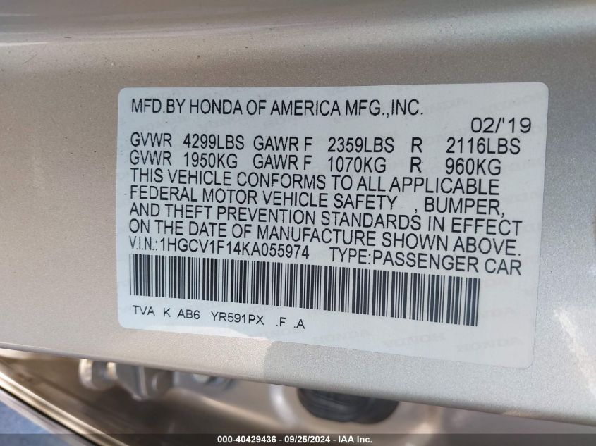 1HGCV1F14KA055974 2019 Honda Accord Lx