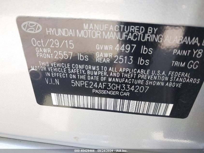 5NPE24AF3GH334207 2016 Hyundai Sonata Se