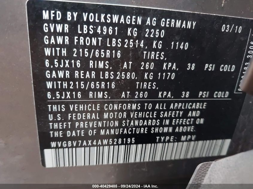 WVGBV7AX4AW528195 2010 Volkswagen Tiguan S