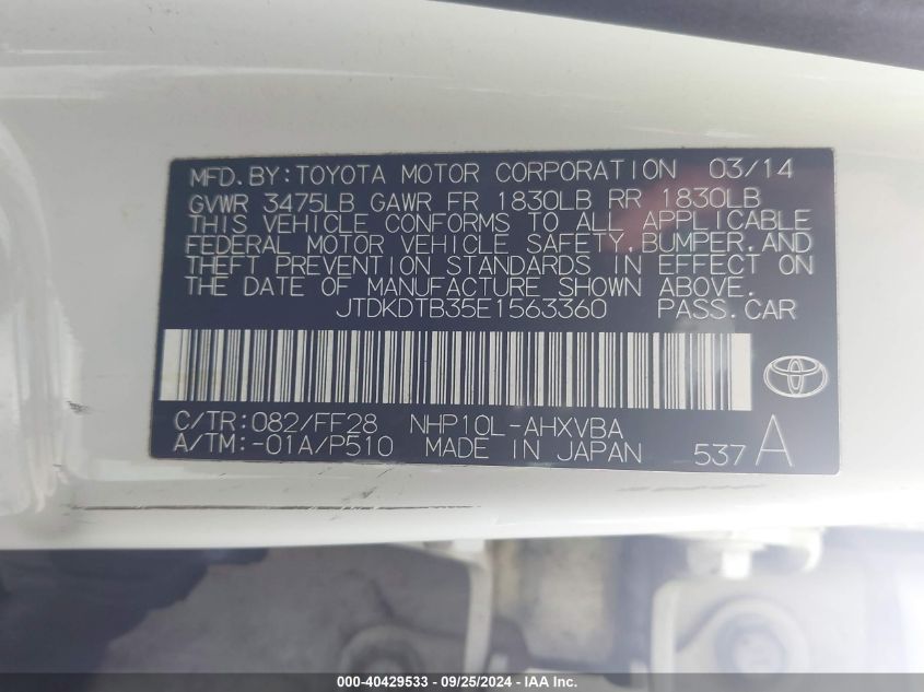 JTDKDTB35E1563360 2014 Toyota Prius C Two