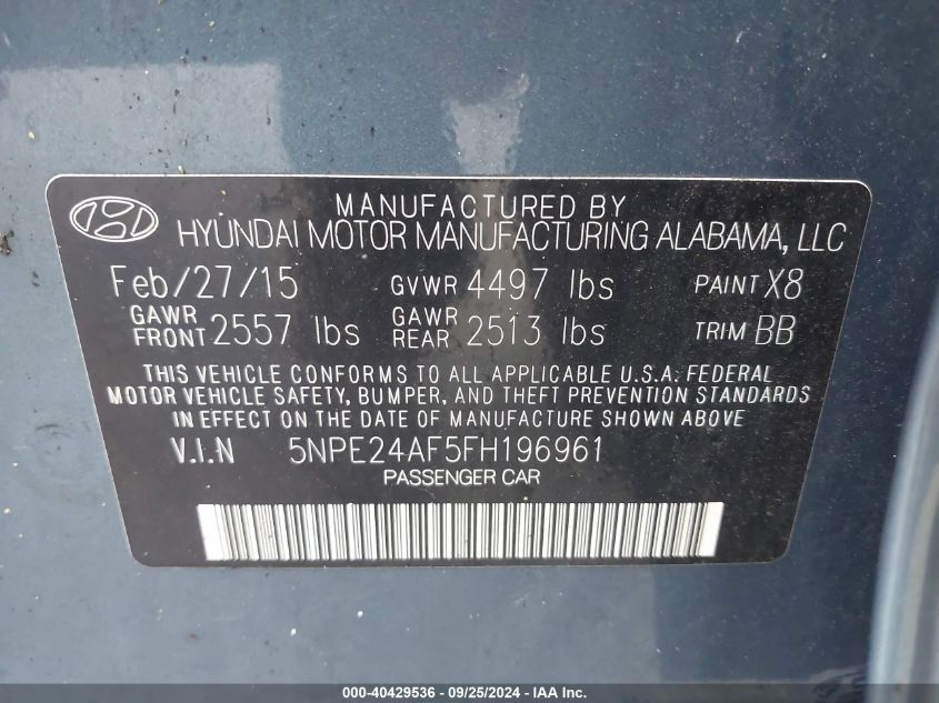 5NPE24AF5FH196961 2015 Hyundai Sonata Se