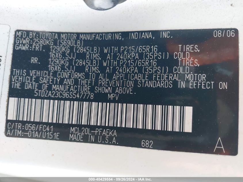 5TDZA23C96S547778 2006 Toyota Sienna Le