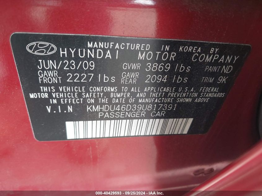 2009 Hyundai Elantra Gls VIN: KMHDU46D39U817391 Lot: 40429593